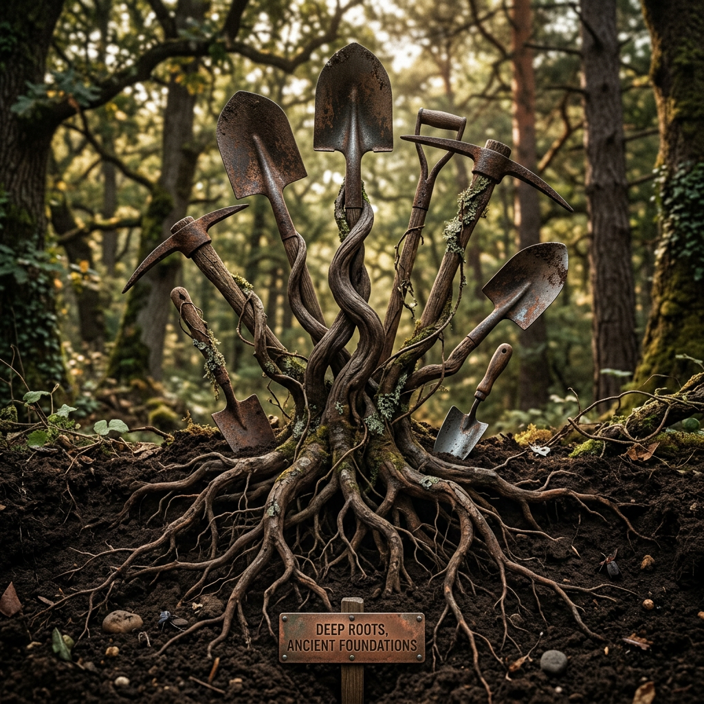Rusty gardening tools emerging from intertwined roots in soil